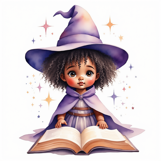 Willow - who is black - stands beside a large, open book with magical symbols. In the background, floating sparkles twinkle.