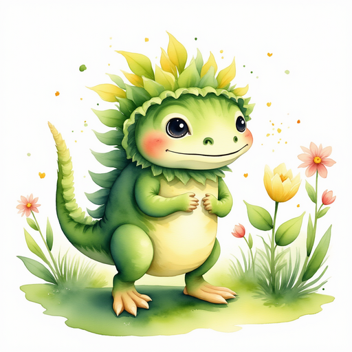 Blossom stands beside a patch of shell-shaped flowers, watering them with a tiny can. In the background is a cheerful flower garden.
