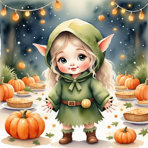 Flicker Sparkleaf standing near a long table with pumpkin pies and plates scattered around. In the background, overhead lights illuminate colorful garlands.