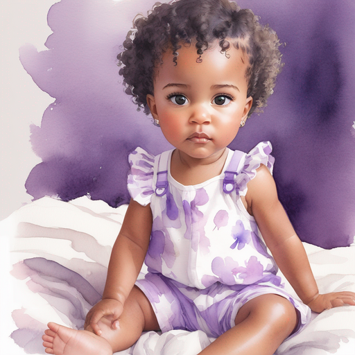 Aset curly short hair looking uneasy wearing a purple and white romper sense of worry and confusion