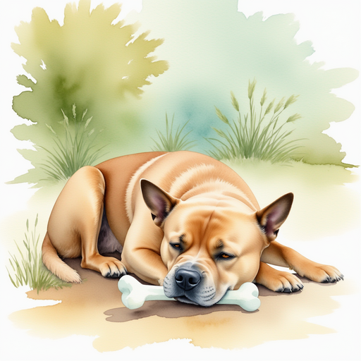 Milo sleeping in the park with a bone in his mouth.