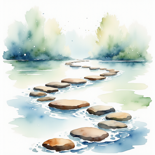 Rows of round stepping stones form a path. In the background, water sparkles.