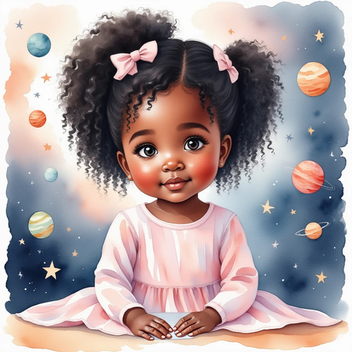 Ava sitting in the art room, drawing planets and stars.