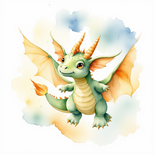 Ember Flare looking down from a low-hover flight, eyes wide with excitement. In the background, clouds drift across the bright morning sky.