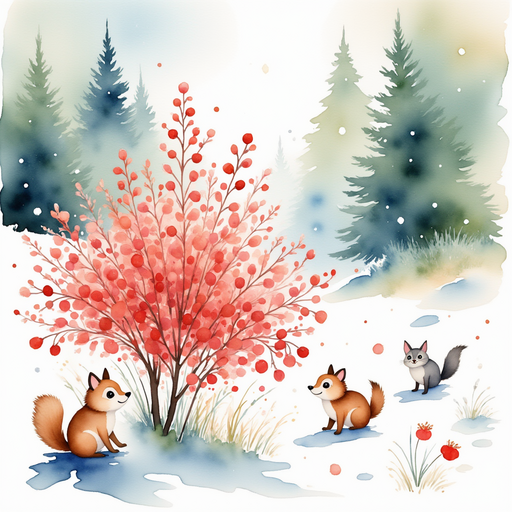 A bright red berry bush stands out in the snow, with small forest animals peeking around it. In the background, tall evergreens form a cozy, secluded clearing.