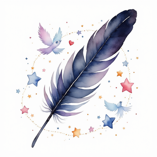 A delicate black leather feather whip with tiny blue and violet feathers, capturing the essence of elegance and playfulness. In the background, moon sprites creating magic threads connecting hearts.