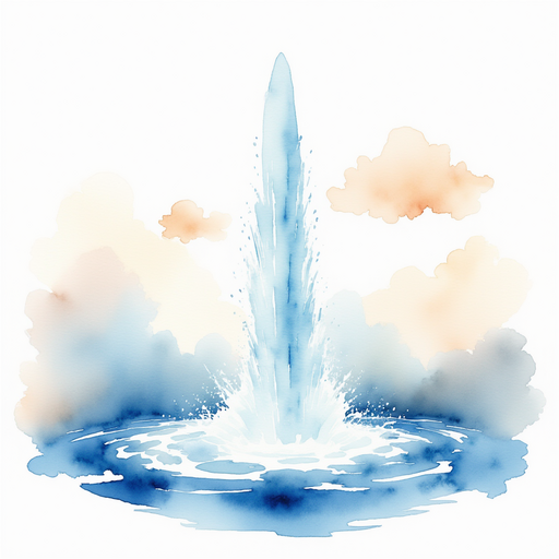 Show a tall fountain splashing water. In the background float fluffy clouds.