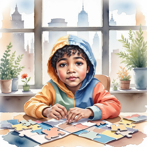 AriYah leans over a cluttered table, testing how pieces fit together. In the background, wide windows reveal rooftops of tall city buildings.