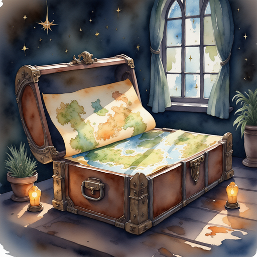 Illustrate the enchanting map inside the chest shimmering with magical allure. In the background, the room is dimly lit, emphasizing the map's glow.