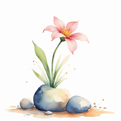 A drooping flower is perched on a rock. In the background, pebbles dot the ground.