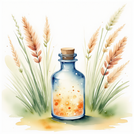 A small, glowing bottle with calming sparkles inside. In the background tall reeds sway in the breeze.