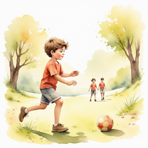 Diego's friends playing with an old ball while Diego plays alone with his golden soccer ball.