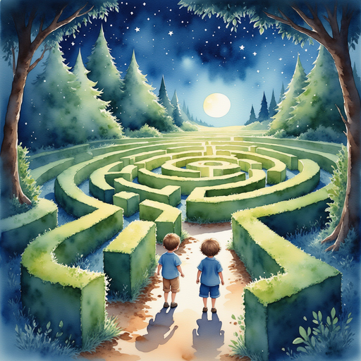 Illustrate a sparkling, intricate maze glowing with magical aura, showing three young boys and one young girl entering. In the background, towering hedges twist and turn like a labyrinth under a starlit sky.