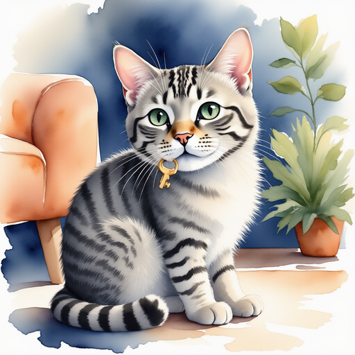 Illustrate Smokey pondering as he holds the key delicately in his mouth. In the background, the plush living room is shadowed with evening light.