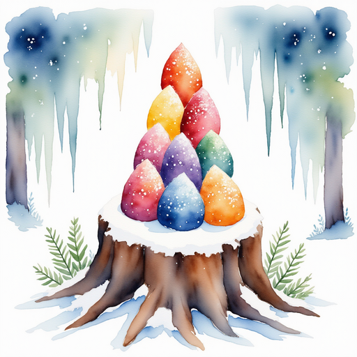 A tall pile of colorful snow cones sits on a tree stump. In the background, icicles dangle like crystal curtains.