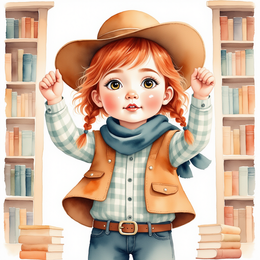 Calamity Kate stands with her hands raised in excitement. In the background, shelves of books standing silently