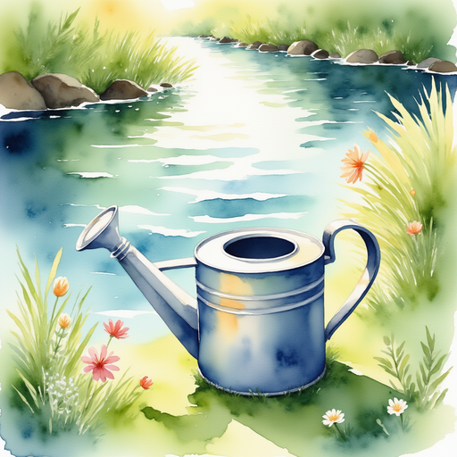 A shiny watering can rests beside a patch of green, sparkling in the sunlight. In the background, the clear stream ripples with delight.