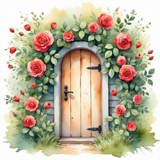 A tiny, weathered wooden door is subtly hidden within the thick rose bush. In the background, rich red roses bloom amidst the garden foliage.