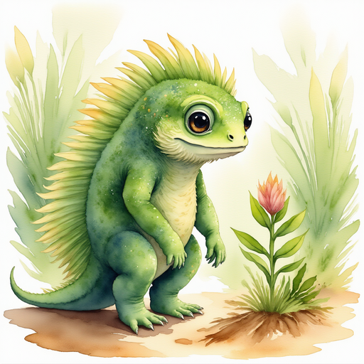 Blossom Sprout bending down, softly speaking to a small wilted plant. In the background, rows of crops line a worn dirt path.