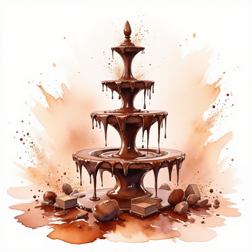 Show a big fountain of flowing chocolate. In the background, swirling sparkles