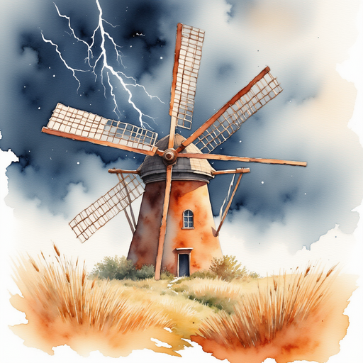 A rusty windmill spins rapidly in the rising wind, its blades catching flashes of lightning. In the background, dark clouds loom over the swaying grass