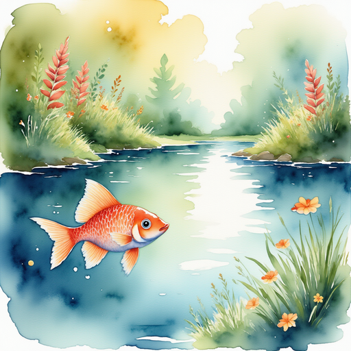 A shimmering, crystal-clear pond reflecting a spectrum of colors as the angelfish speaks. In the background, lush forest foliage and colorful wildflowers.