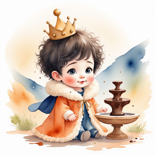 King Doodle Bum stands near a silent chocolate fountain, an echo of confusion on his face. In the background, gentle hills covered in pale morning light.