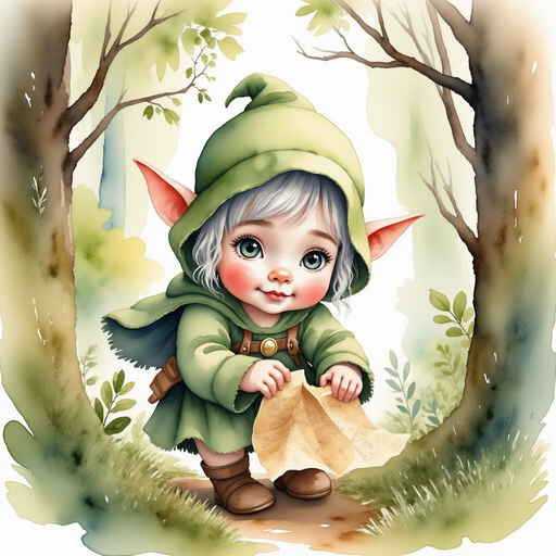 Flicker Sparkleaf peers around a gnarled tree trunk, clutching the map against her chest. In the background, tangled roots form a natural bridge.