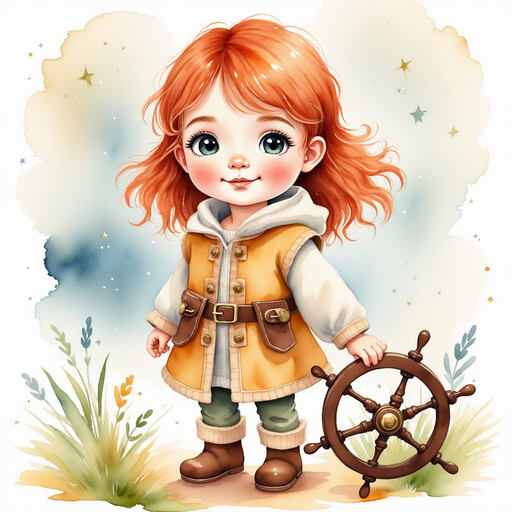 Bolda stands proudly at the ornate ship wheel with a determined smile. In the background, bright constellations twinkle