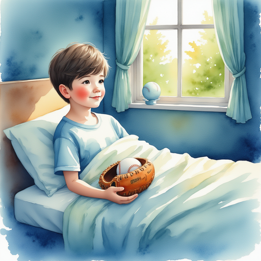 Lee sleeping in his bed with a baseball glove under his pillow. A bright light shines through his window.