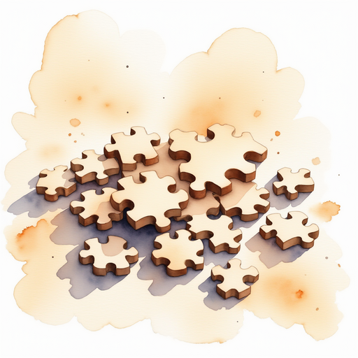 A small pile of wooden puzzle pieces scattered on a table. In the background, dancing shadows