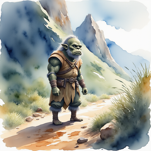 The grumpy troll stands guard on a rocky trail, scowling at the darkness. In the background, rugged cliffs rise sharply.