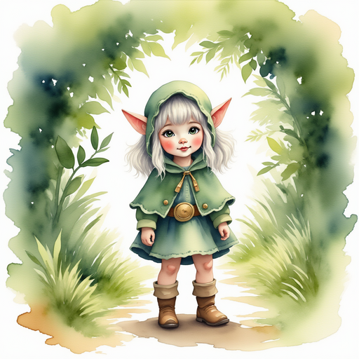 Flicker Sparkleaf stands at the start of a narrow, twisting path, her pointed ears perked up. In the background, leafy bushes arch over the path like a tunnel.