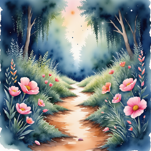 Illustrate a mysterious path leading deeper into the jungle lined with vibrant, enchanting flowers. In the background, a hint of twilight sky peeking through the trees.