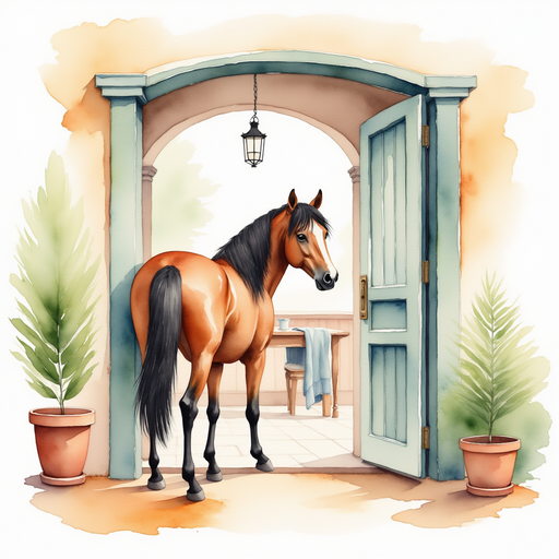 A horse is standing at the kitchen door, nudging it open. In the background, a simple wooden doorway arches near the table