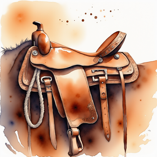 A polished, brown saddle with a coiled rope hanging nearby. In the background, sunbeams highlight dust motes floating in the air.