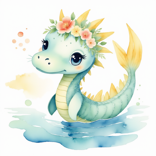 Show Nessie Sparkles peeking out of the water. In the background, soft ripples catch the dawn sky.