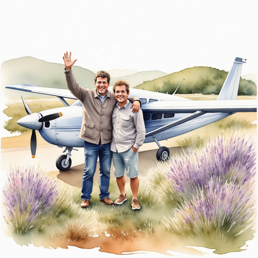 Jamie and Mr. Ferguson standing beside a small airplane, waving hello. In the background are hills dotted with purple heather.