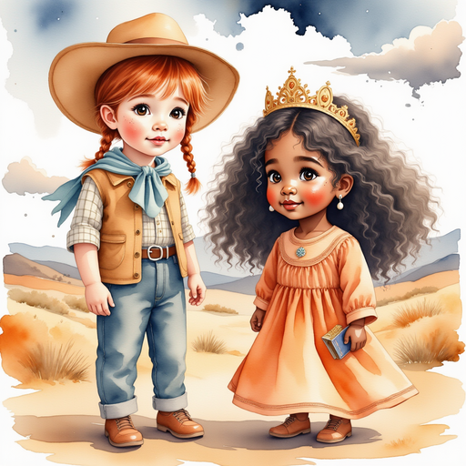 Calamity Kate and Queen Neena look toward distant storm clouds with determined faces. In the background, rolling hills and gathering gray clouds.
