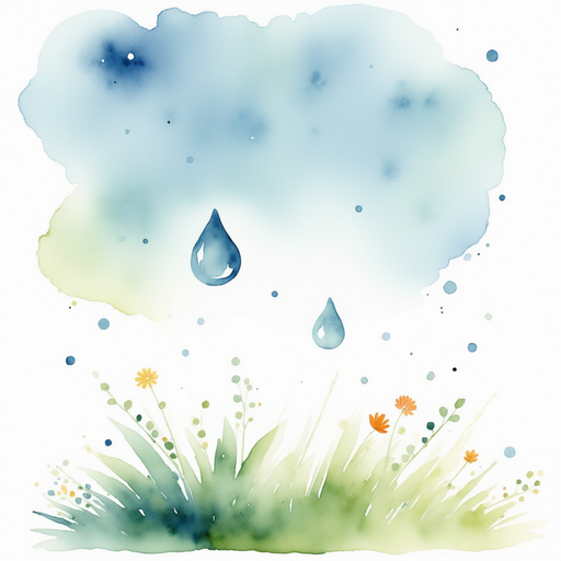 Show a single raindrop spinning high above the ground. In the background, a gentle breeze swirling.