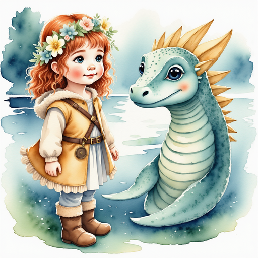 Nessie looks up at Bolda with gentle eyes. In the background, silent fjords stretching into darkness