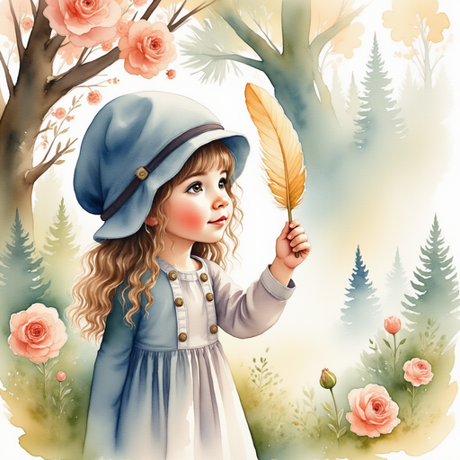 Charlotte twirling joyfully among singing and dancing flowers. In the background, lush greenery of the Enchanted Meadow.