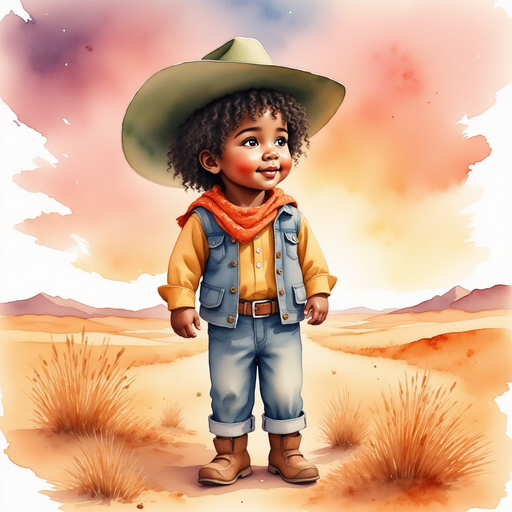 Cactus Cody standing at dawn, hands on hips, smiling at the horizon. In the background rolling plains stretch beneath a pink sunrise