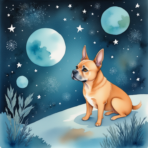 Milo - a golden-haired French bulldog - looking at the bright Star of Sirius from the spaceship.