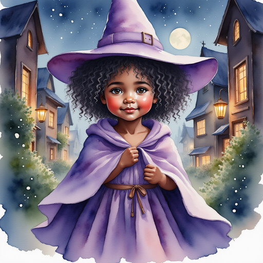 Willow Charms's mother holding an umbrella over both of them. In the background, the village cottages glow with lanterns despite the rain