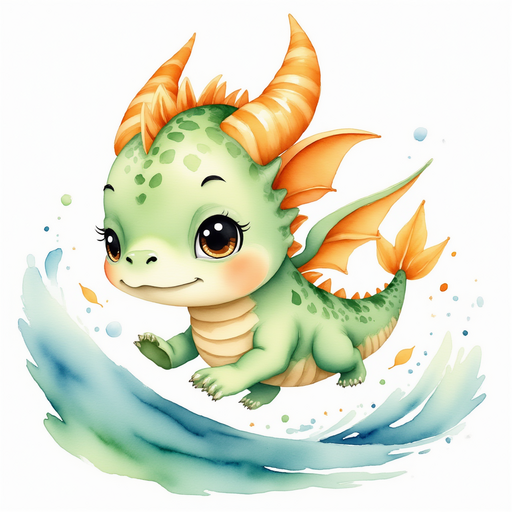 Ember Flare glides near big waves with a wide-eyed look. In the background, waves roll under a cloudy sky.