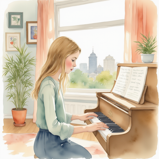 Vivian playing her piano in her room, with a cityscape in the background.