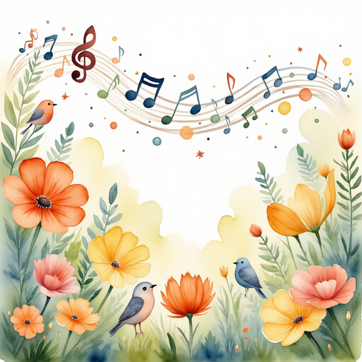 Long, colorful musical notes swirl gently above the bright gardens. In the background, tidy flower beds and tiny birds perched quietly.