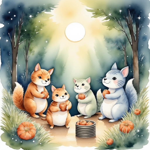 a small crowd of forest creatures, each with a tiny pile of items. In the background, moonlight and sunrise rays mingle in the dim sky.