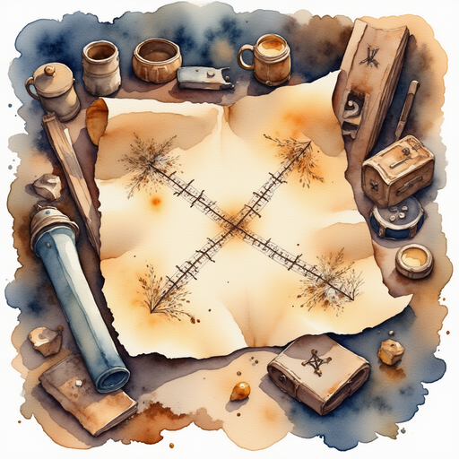 An ancient, worn-out map with cryptic symbols and a faded 'X' marks the spot. An attic filled with dusty, forgotten items.